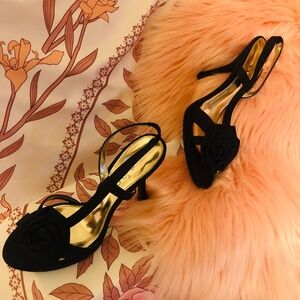 Just In Beautiful Black Satin Nina Heels with Flower  detail